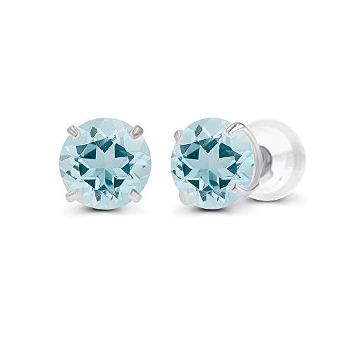 Solid 14K Yellow, White or Rose Gold 4mm Round Genuine Gemstone Birthstone Prong Set Stud Earrings For Women - color: Aquamarine