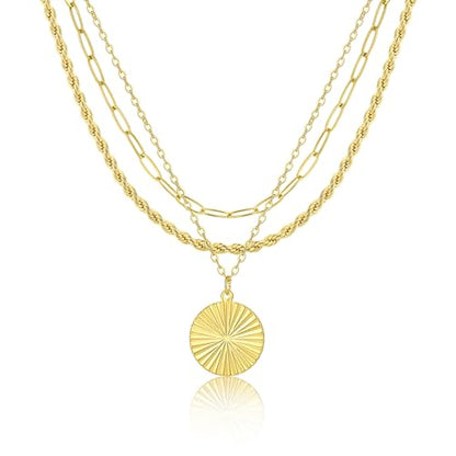 MFRYK Gold Necklaces for Women,14K Gold/Silver Plated Choker Layered Necklace Dainty Pearl Disc Cross Circle Heart Pendant Chain Stackable Necklaces, Multilayer Jewelry Set Gifts for Women - style: 3Layered Disc-GD