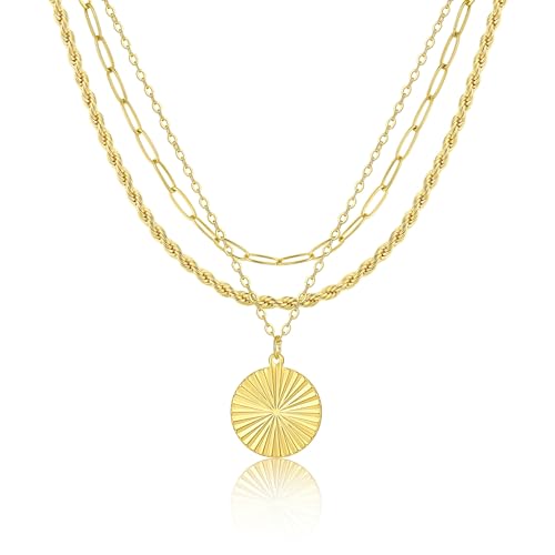 MFRYK Gold Necklaces for Women,14K Gold/Silver Plated Choker Layered Necklace Dainty Pearl Disc Cross Circle Heart Pendant Chain Stackable Necklaces, Multilayer Jewelry Set Gifts for Women - style: 3Layered Disc-GD
