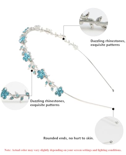 Wecoe 4 Pack Light Blue Rhinestone Bridal Headpieces - Crystal Butterfly Leaf Metal Headbands for Women, Girls, Flower Girls, Weddings & Gifts - color: Silver band & Turquoise blue rhinestones