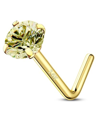 14K Real Gold Nose Studs 20G Nose Rings Studs L Shaped Nose Rings for Women Men Diamond CZ Nose Piercing - color: Yellow Gold-Round GRCZ