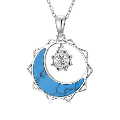 925 Sterling Silver Turquoise Moon Pendant Necklace for Women, Snake/Flower/Bow/Tree of Life/Star Moon Necklace, Dainty Jewelry for Daily Wear & Gifts - style: Style 2