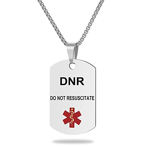 Medical Alert ID Necklace, Laser Engraved DO NOT RESUSCITATE, Stainless Steel Tag Pendant with 23.6 inch Chain for Men Women - color: Silver, size: DO NOT RESUSCITATE