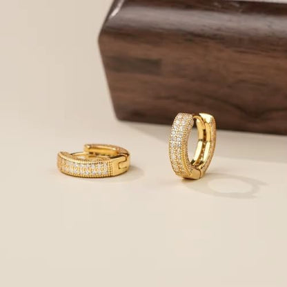Iced Out Huggie Hoop Earrings for Men and Women, CZ Diamond Earrings, Stainless Steel Hypoallergenic Hinged Hoop Earrings - color: Gold