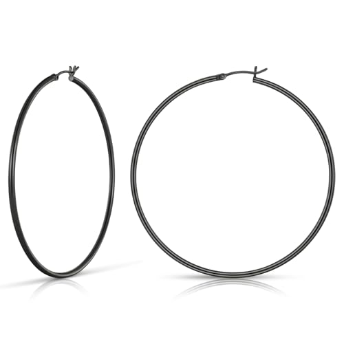 Gold Hoop Earrings for Women 14K Gold Plated | 925 Sterling Silver Post Hypoallergenic Hoop Earrings - color: Black, size: 70mm