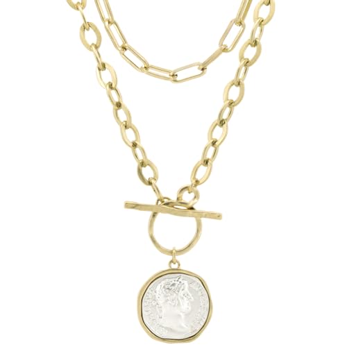 Women's Chunky Coin Necklace, 18K Gold Plated, 18-Inch Toggle Chain | Double-Sided Antique Coin Pendant with Thick Link Chain for Layered Looks and Vintage Statement Style for Everyday Wear - color: 2Pcs Gold& Sliver Paperclip + Coin Necklace