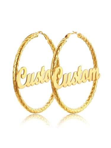 FindChic Chunky Hoop Earrings for Women, Silver/Black/14K Gold Plated Crossover Patterned Hollow Tube Rounded Loop Earrings, 30mm/40mm/60mm/80mm Hoops with Custom Name Options and Gift Box - color: f.Gold (Custom Name), size: 80MM