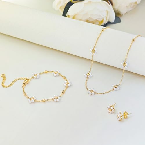 Zeffy Gold Pearl Necklace for Women, Dainty 14K Gold/Silve Plated Layered Pearl Choker Pearl Earrings Pearl Bracelets Wedding Trendy Gold Jewelry Set for Women Gifts - style: Gold Daisy Pearl Necklace Set-3PCS
