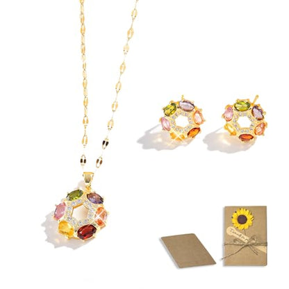 Rotating Sunflower Necklace & Earrings Jewelry Set for women| Gold coating Titanium Alloy with Sparkling Cubic Zirconia| Jewelry box +Tote Bag +3D Card |Gift for Birthday, Anniversary or Mother's Day - color: LightSource