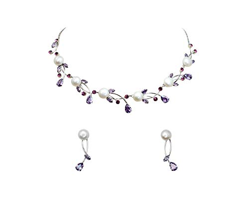 Faship Genuine 10mm Freshwater Pearls Floral Necklace Earrings Set | Premium CZ Crystal, Gorgeous, Sparkling - color: Purple