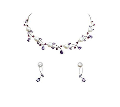Faship Genuine 10mm Freshwater Pearls Floral Necklace Earrings Set | Premium CZ Crystal, Gorgeous, Sparkling - color: Purple