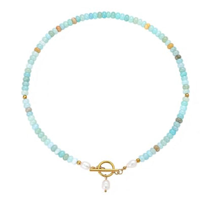 Dainty Turquoise Pearl Pendant Necklace 18K Gold Plated Bohemian Stone Pearl Choker Necklace for Women Dainty Natural Stone Choker Turquoise Beaded Necklace - color: Gold