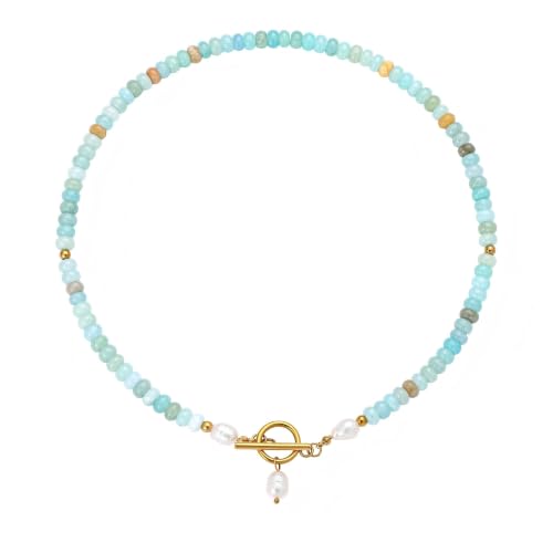 Dainty Turquoise Pearl Pendant Necklace 18K Gold Plated Bohemian Stone Pearl Choker Necklace for Women Dainty Natural Stone Choker Turquoise Beaded Necklace - color: Gold