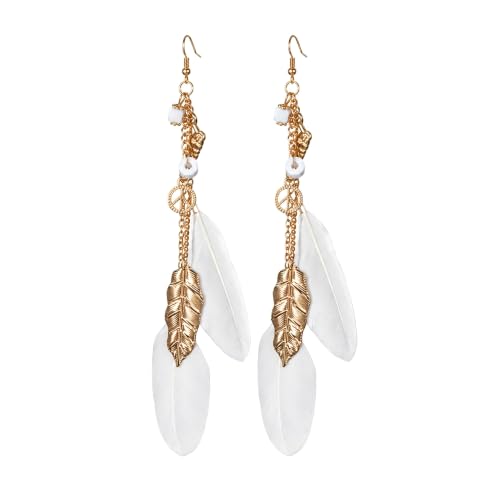 FRESHME Native American Earrings for Women - Ethnic Boho Feather Dangle Jewelry with Tessel for Birthday Party Photoshoot - color: White