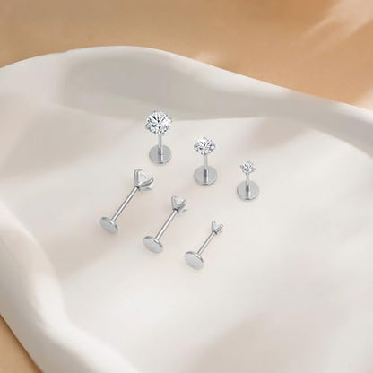 14K Gold Filled Threadless Nose Studs 316L Surgical Steel Labret Studs Lip Rings Push in Flat Back Stud Earrings CZ Nose Nostril Cartilage Lip Medusa Conch Tragus Helix Body Piercing Jewelry for Women Men Hypoallergenic 20G 18G 16G - color: 6Pcs 16G 2mm 3