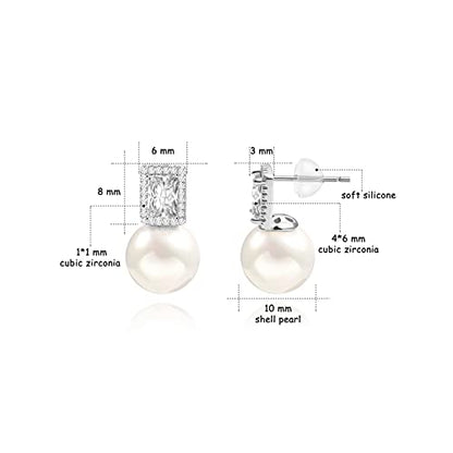 925 Sterling Silver Hoop Handpicked AAA+ Quality 7.5-8mm White Freshwater Cultured Pearl Dangle Drop Earrings Jewelry for Women - color: 3. Silver Plated CZ