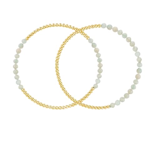 Kainier Gold Beaded Bracelets for Women 2Pairs 14K Gold Plated Stretch Bracelet Set Stackable Tarnish Dainty Natural Stone Bead Bracelets Gift - color: Aventurine