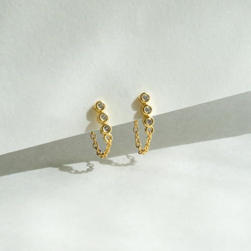 Round Huggie Ear Cuff Gold Earrings for Women | 18K Gold Plated Cubic Zirconia Sparkling | Clip On Cartilage| Simulated Diamond Bezel-Set CZ Huggie Hoop Earrings - color: Drop Chain - Yellow Gold