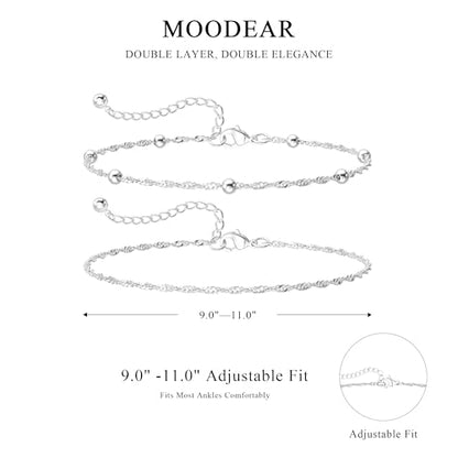 Moodear Ankle Bracelets for Women 14K Silver Plated Layered Chain Anklets | Waterproof Non Tarnish Adjustable Double Layer Anklet with Satellite Bead Chain Design for Summer Beach Jewelry Gift - color: silver-3