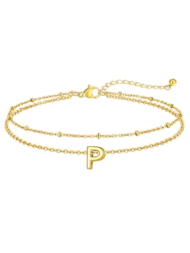 FaithHeart Initial Ankle Bracelets for Women, Waterproof 14k Gold Plated Initial Anklets Non Tarnish Stainless Steel Cute Layered Anklet Summer Beach Jewelry - color: Gold, size: Initial P