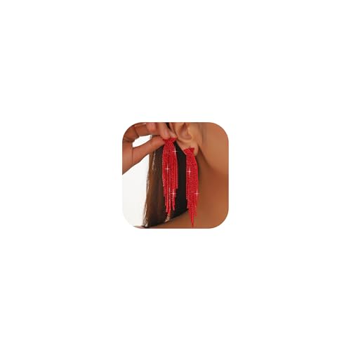 Rhinestone Earrings Prom Earrings for Women Sparkly Long Tassel Chandelier Drop Statement Earring Jewerly Gifts Wedding Party Prom Dresses Accessories - color: B3:red
