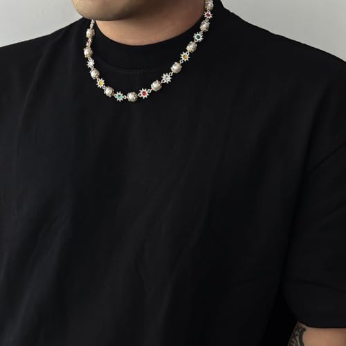 Gold/Silver Pearl Necklace for Men Faux Pearl Choker Necklace Beaded Adjustable Chain Gothic Chunky Beaded Statement Hip Hop Rock Party Festival Collar para Hombre Fashion Jewelry Gift for Men - style: Style-B-SV