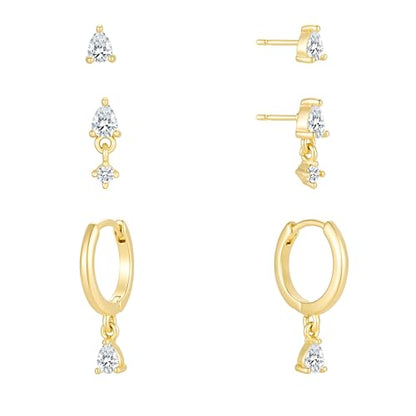 3 Pairs Earring Stacks, Gold Earring Set Jewelry Gift for Women | Small, 14K Gold/White Gold/Black/Rose Gold Plated, Hypoallergenic, Her, Everday, Stackable, Simple, 3 Holes - color: Gold-Teardrop