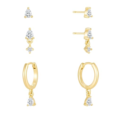3 Pairs Earring Stacks, Gold Earring Set Jewelry Gift for Women | Small, 14K Gold/White Gold/Black/Rose Gold Plated, Hypoallergenic, Her, Everday, Stackable, Simple, 3 Holes - color: Gold-Teardrop