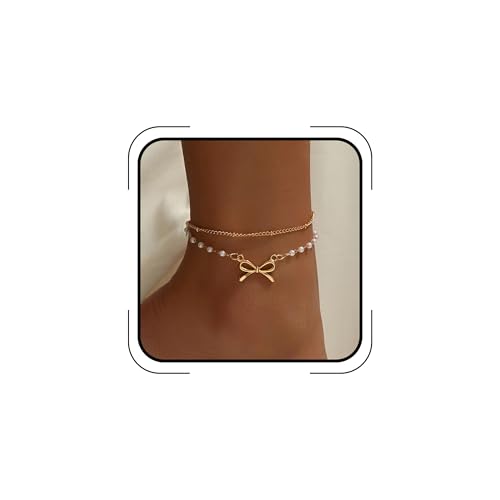 Nojess Gold Bow Anklet Bracelets for Women Layered Faux Pearl Bow Ankle Adjustable Summer Beach Foot Jewelry for Vacation Gift