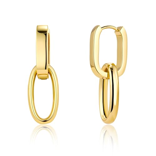 Silver Dangle Double Hoop Earrings For Women Paperclip Link Earring | Drop Small Silver Earrings Square Huggie Paperclip Dangly Hoop Silver Hoops Earrings Jewelry - color: 14K Gold