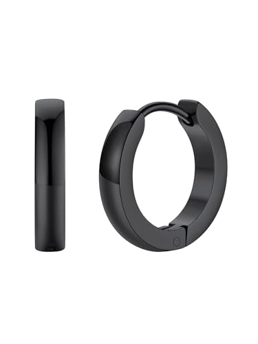FaithHeart Stainless Steel Black/Silver/Gold Huggie Hoop Earrings for Men | Hypoallergenic Small Hoop Earrings Lightweight Sleeper Earrings Waterproof Cartilage Piercing Jewelry Gift 8-16mm - color: Black-Flat, size: Diameter 12mm