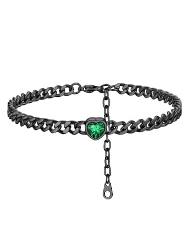 ChainsHouse Cuban Chain Anklets for Women with Heart Birthstone Jan - Dec | Stainless Steel Black Link Chain Ankle Bracelet with Birthstone, Beach Women Anklet 22cm-27cm Adjustable, with Gift Box - color: 05. May-Emerald-Black
