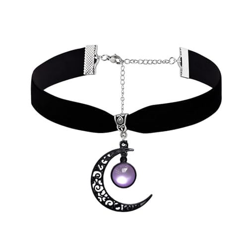 Gothic Black Velvet Goth Choker Necklace for Women,Cameo Black Choker Crow Skull Pendant Necklace Vintage Collar Skull Necklace Gothic Jewelry - style: Purple moon
