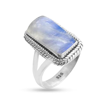 Solid 925 Sterling Silver Ring For Women, Gemstone Ring, Silver Statement Ring, June Birthstone, Bezel Set Rectangle White Gemstone Hypoallergenic Art Deco Ring Christmas Gift
