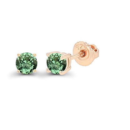14K Gold Plated 925 Sterling Silver Hypoallergenic 4mm Round Genuine Birthstone Solitaire Screwback Stud Earrings - color: Green Sapphire Created