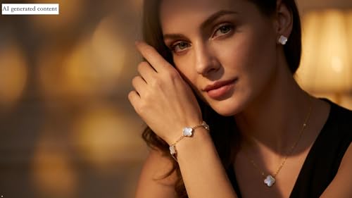 Clover Necklace and Bracelet Set + Four Leaf Clover Earrings, 18K Gold Plated Dainty Jewelry Gift for Women (Pearl White/Ocean Blue/Sweet Lilac) - color: Pearl White