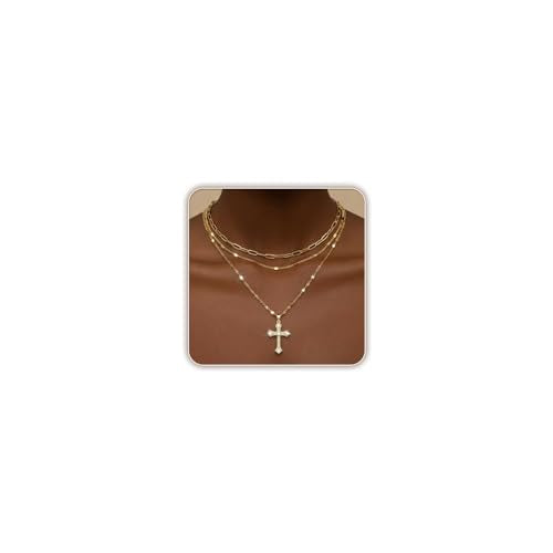Gold Layered Necklaces for Women, 14K Gold Plated Paperclip Snake Chain Necklace Set, Dainty Coin Cross Tear Pendant Layering Choker Necklaces, Simple Trendy Stackable Jewelry Gifts - color: 3PCS / Cross & Chain& Chain
