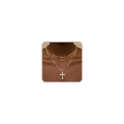Gold Layered Necklaces for Women, 14K Gold Plated Paperclip Snake Chain Necklace Set, Dainty Coin Cross Tear Pendant Layering Choker Necklaces, Simple Trendy Stackable Jewelry Gifts - color: 3PCS / Cross & Chain& Chain