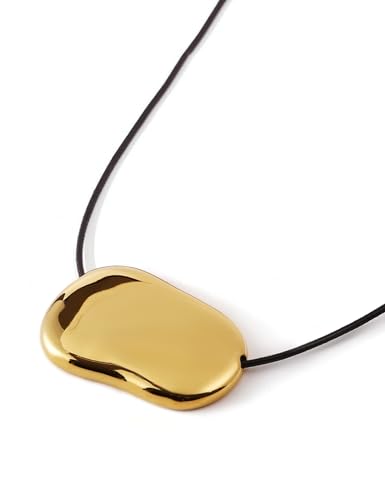 18K Chunky Gold Silver Long Pendant Necklace for Women, Minimalist Charm on Adjustable Black Cord, Statement Bean Pebble Necklace Jewelry - color: Gold