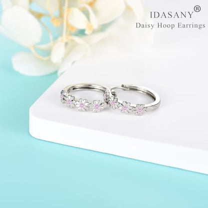 Sterling Silver Hoop Earrings for Women, Dainty Small Huggie Hoop Earrings | Hypoallergenic Daisy Color Cubic Zirconia Flower Hoops Earring Jewellery Gifts for Ladies Birthday Wedding, 12mm Hoop - color: Pink