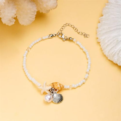 Beach Puka Shell Anklet for Women Waterproof Beaded Ankle Bracelets Adjustable Starfish Seashell Pearl Foot Chain Boho Jewerly Present for Summer Beach Party - color: beige