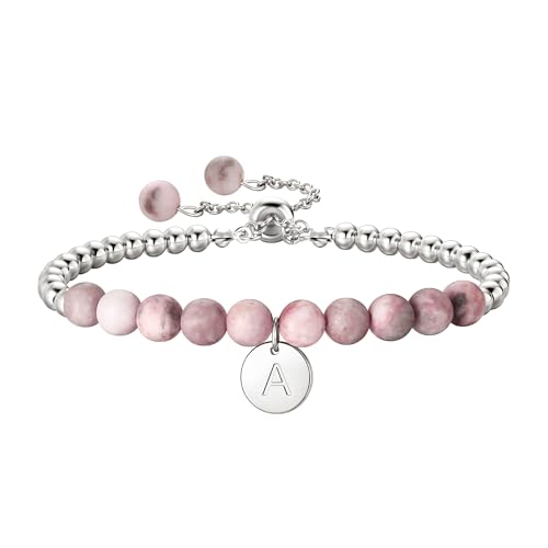 Ritach Initial Bracelets for Girls Kids - Pink Zebra Natural Stone Disc/Heart Initial Bracelet Adjustable Gold/Silver Beaded Bracelets for Girls Kids Teen Girl Jewelry Birthday Gifts - color: A-Silver