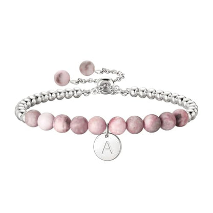 Ritach Initial Bracelets for Girls Kids - Pink Zebra Natural Stone Disc/Heart Initial Bracelet Adjustable Gold/Silver Beaded Bracelets for Girls Kids Teen Girl Jewelry Birthday Gifts - color: A-Silver