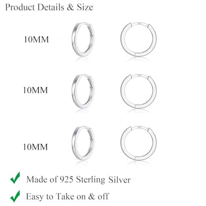 3 Pairs 925 Sterling Silver Hoop Earrings 14K White Gold Plated Small Silver Hoops Cartilage Huggie Earrings for Women Men - color: P-Silver 3Pairs 10mm
