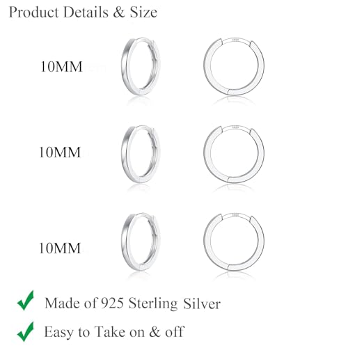3 Pairs 925 Sterling Silver Small Huggie Hoop Earrings for Women Men | 14K White Gold Plated, Hypoallergenic, Small Silver Hoops - color: P-Silver 3Pairs 10mm