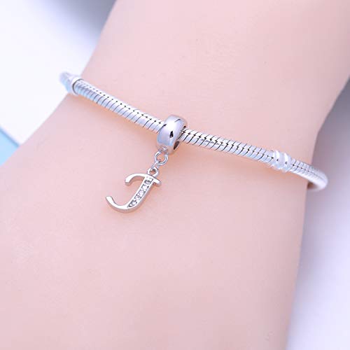 925 Sterling Silver Charms Alphabet Beads fit Pandora Charm Bracelets A-Z Letter Initial Spacer Dangle Clear CZ Stone Authentic for Snake Chain Bracelets - color: J