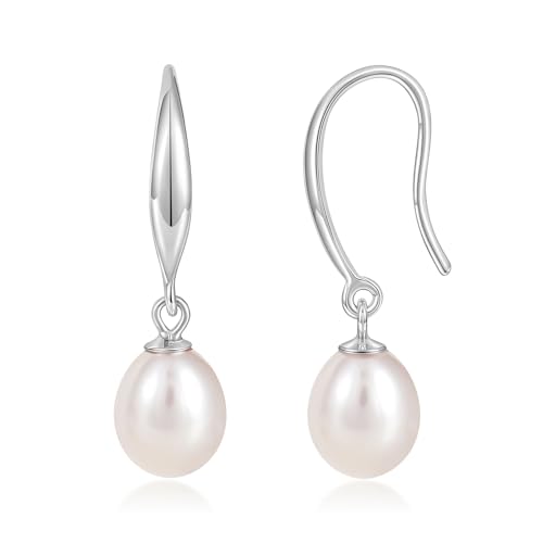 EAMTI Pearl Earrings for Women 925 Sterling Silver Freshwater Cultured Pearl Dangle Drop Earrings Hook Earrings Hypoallergenic - color: Rice Pearl-Silver