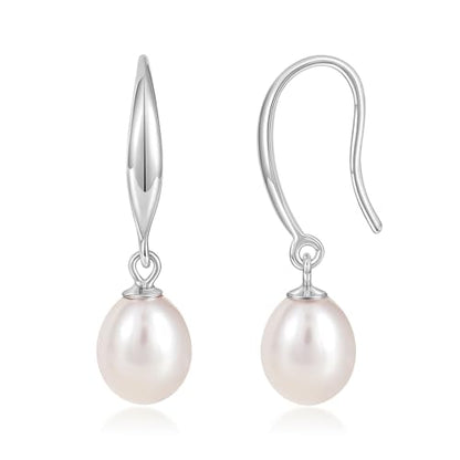 EAMTI Pearl Earrings for Women 925 Sterling Silver Freshwater Cultured Pearl Dangle Drop Earrings Hook Earrings Hypoallergenic - color: Rice Pearl-Silver