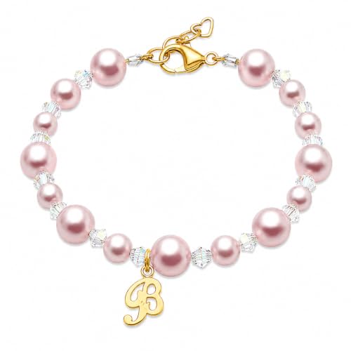 Baby Crystals Custom 14K Gold-Plated Initial Bracelet Charm, Birthday Keepsake Jewelry - style: Pink Pearls Clear Crystals