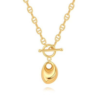 18k Gold Plated Chain Link Necklace for Women, Baroque Pearl/Compass Pendant Necklace - color: Pebble